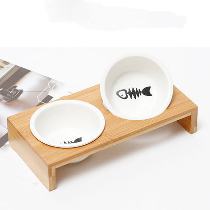 Gamelle céramique surélevée support bambou chat Miaousse