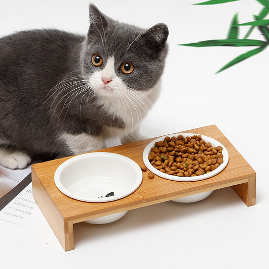 Gamelle céramique surélevée support bambou chat Miaousse