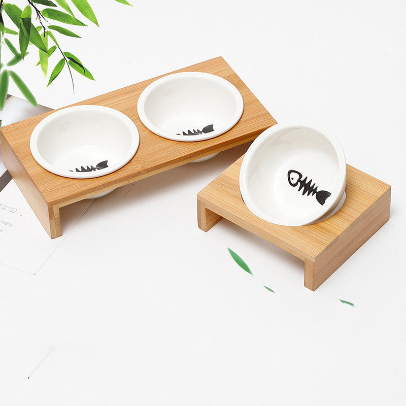 Gamelle céramique surélevée support bambou chat Miaousse