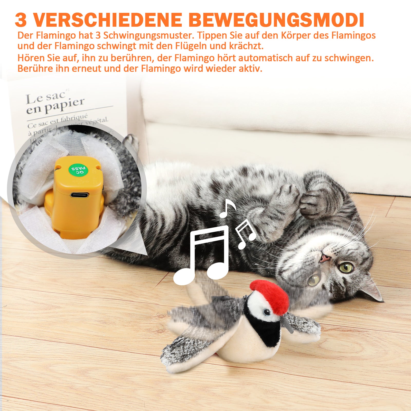 Jouet oiseau interactif rechargeable détail 6 — Miaousse